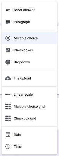 Question types drop down menu