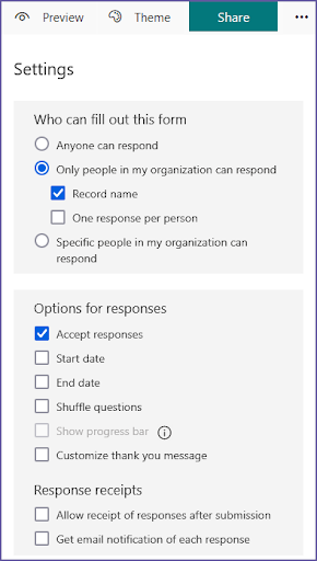 Settings menu with various options selected