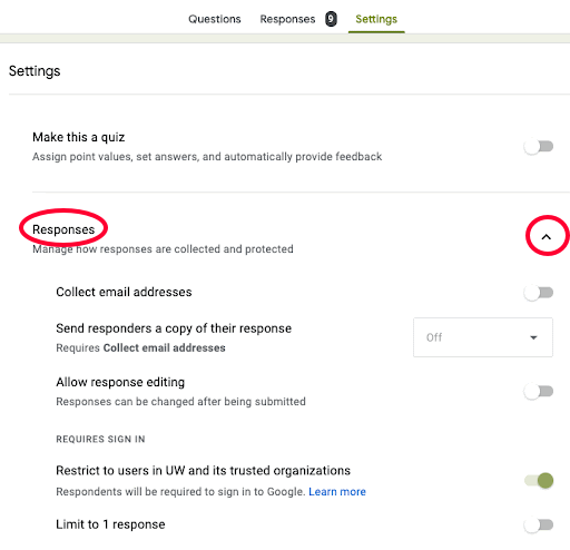 Opened Responses area under Settings, with carat highlighted