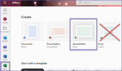 Create Sheet interface with Spreadsheet highlighted, Form crossed out. Do not select Form. 