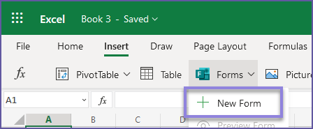 Excel ribbon, Insert menu selected, Forms option and New Form highlighted