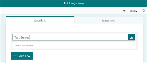 New blank Microsoft Form with "Test Survey" appearing in survey name field
